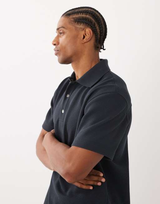 ARKET cotton-rich short sleeve waffle polo shirt in off black, 4 of 5