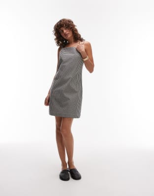 ARKET cotton rich square neck mini dress in black and white monochrome gingham plaid - view 1
