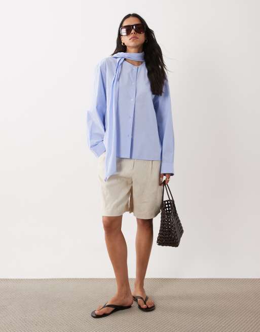 ARKET cotton shirt with scarf in light blue, 3 of 4