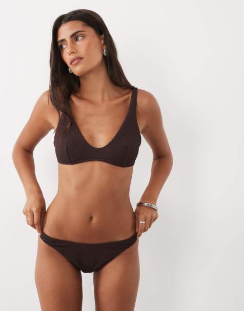 ARKET crinkle scoop neck bikini top in brown (part of a set) - view 1