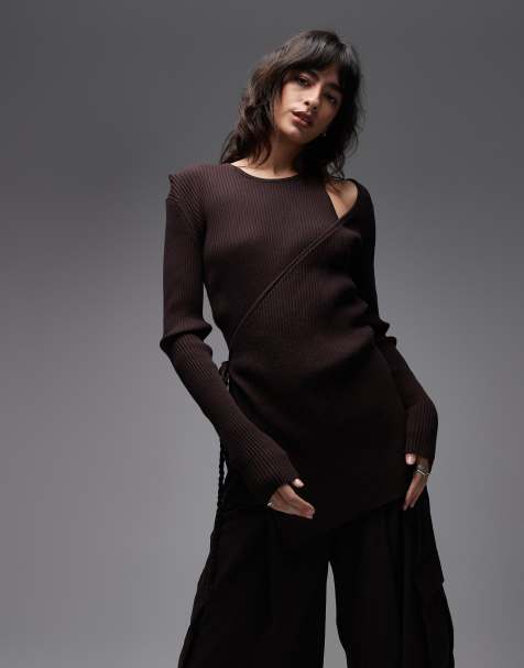 ARKET cut out long sleeve wrap top in dark brown - view 1