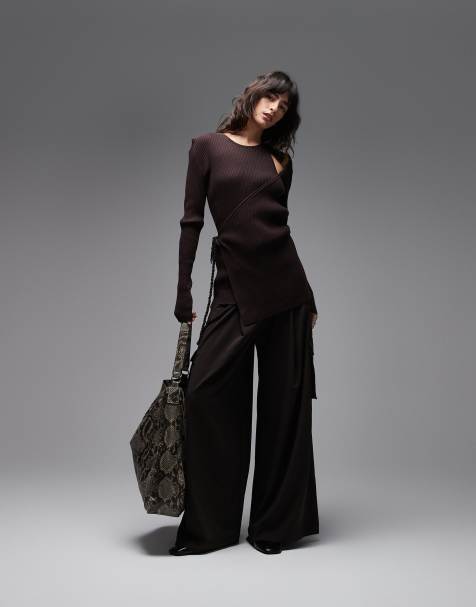 ARKET cut out long sleeve wrap top in dark brown