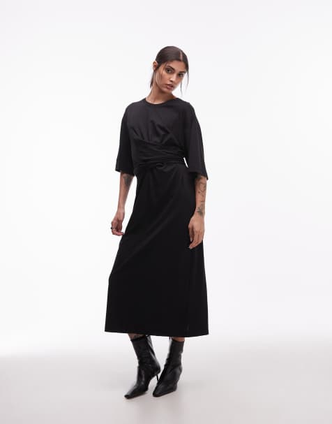 ARKET – Czarna sukienka midaxi z mieszanki bawełny z kopertową talią i rękawami do łokci - view 1