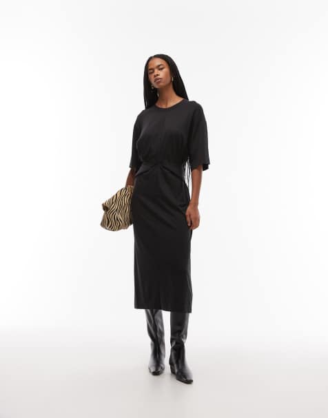 ARKET cotton blend half sleeve wrap waist midaxi dress in black