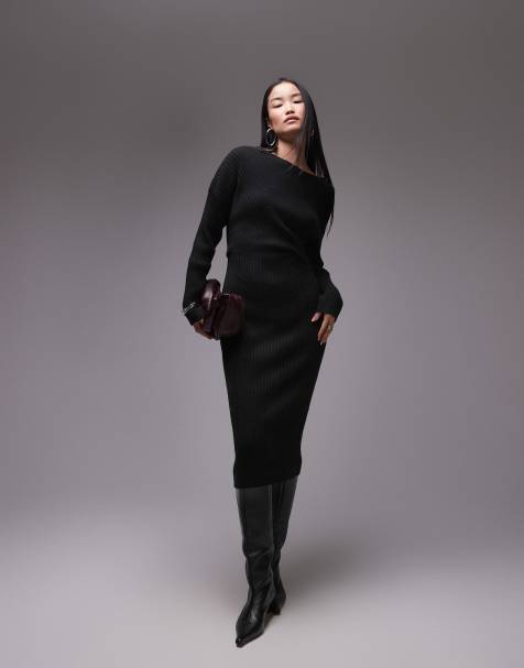 ARKET knitted rib midaxi dress with twisted drape detail in black