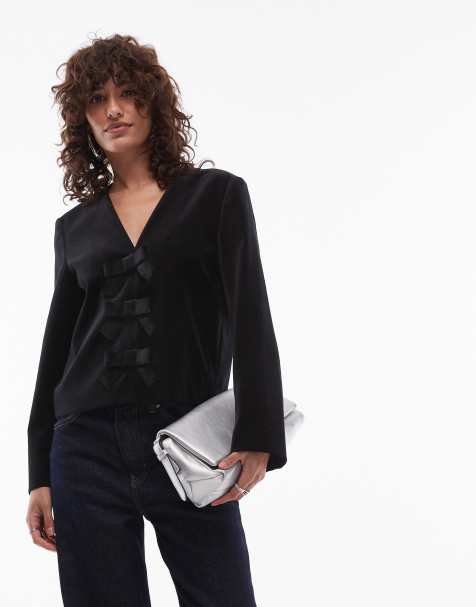 ARKET velvet top with bow front detail in black