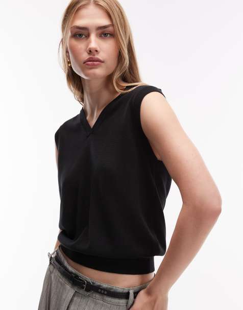 ARKET v neck collar light knit tank vest in black