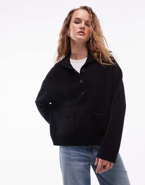 ARKET half button cardigan with wide collar and patch pockets in black