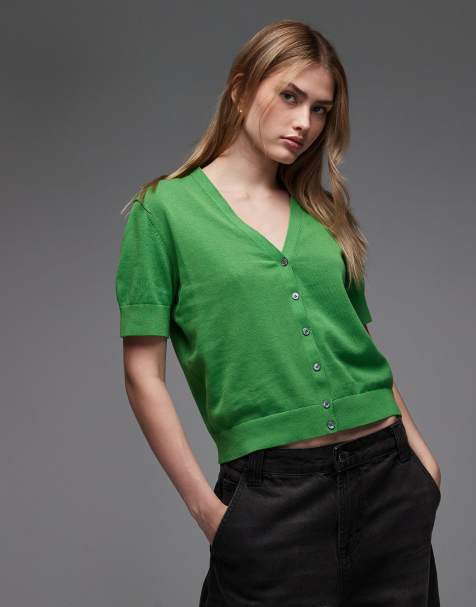 ARKET pure cotton fine knitted cardigan with short sleeves in green