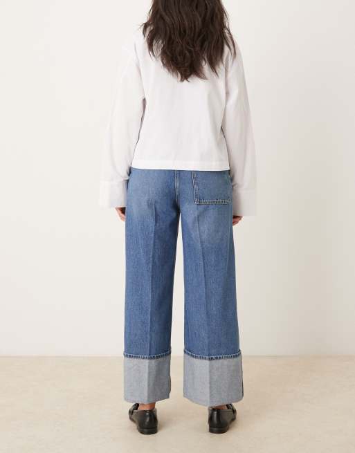 ARKET - Denim broek met brede omslag in effen midwash blauw, 3 van 5