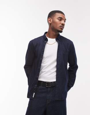 denim chambray shirt with button collar in dark wash blue