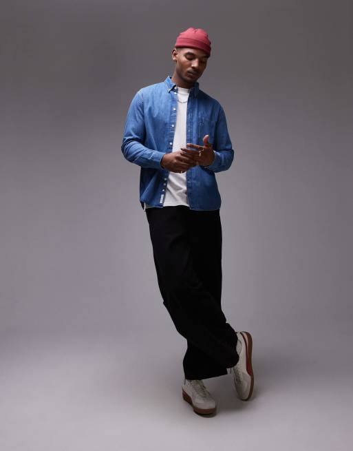 ARKET denim chambray shirt with button collar in dark wash blue