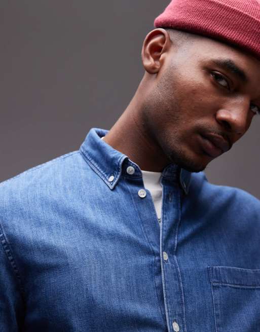 ARKET denim chambray shirt with button collar in dark wash blue