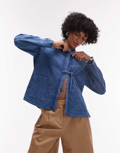 ARKET – Denim-Hemdjacke in mittelblauer Waschung mit Bindedetail vorne - view 1