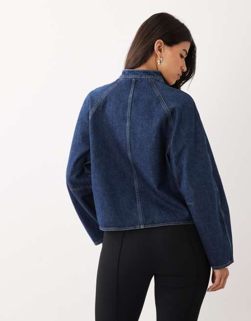 ARKET denim high neck bomber jacket in blue, 4 of 4
