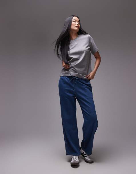 ARKET denim jersey wide leg lounge trousers in mid washed blue - view 1