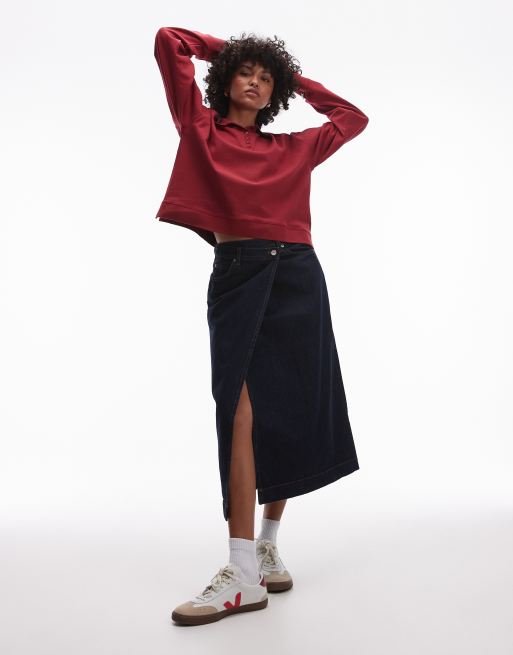 ARKET - Denim midi rok met overslag in minimalistische indigo wassing