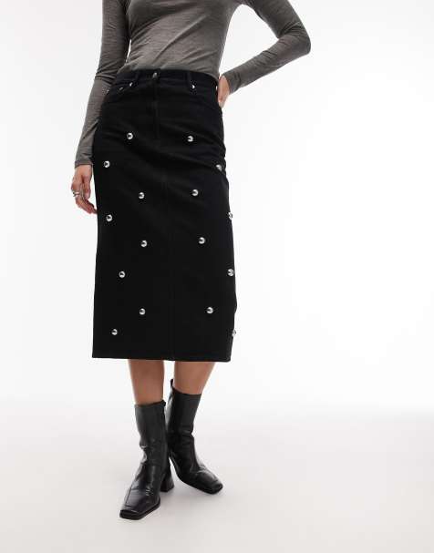 ARKET - Denim midi-rok met studs in zwart - view 1