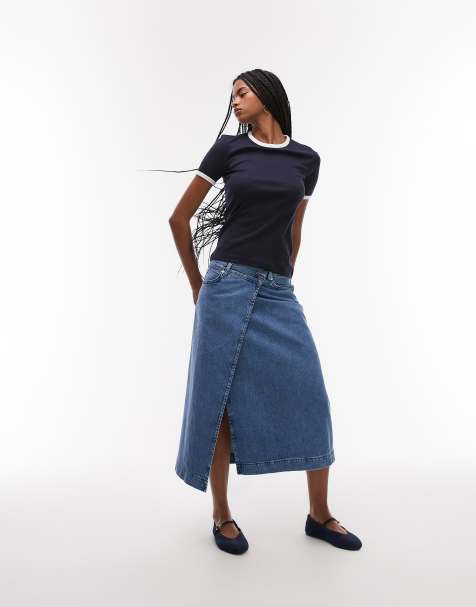ARKET denim midi wrap skirt in mid wash blue - view 1