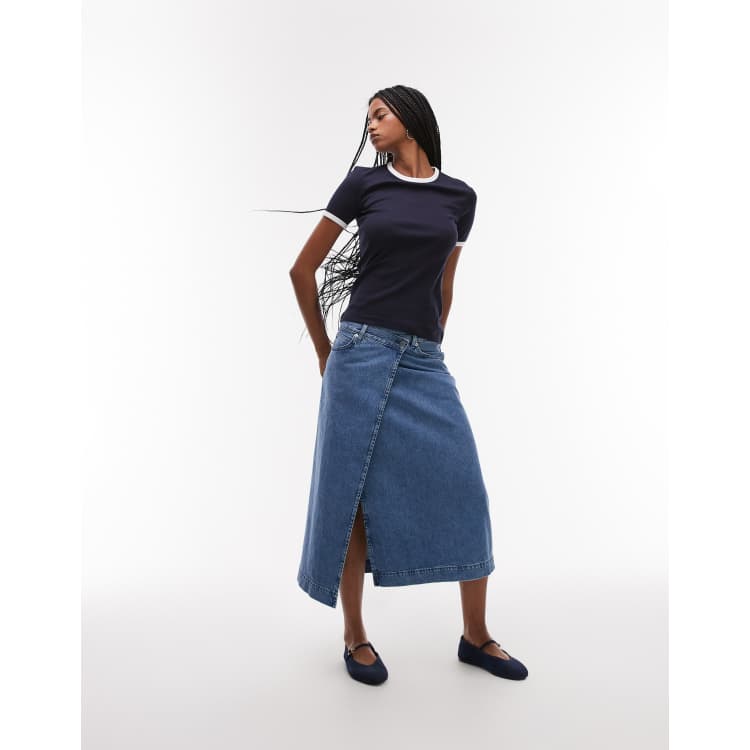 ARKET denim midi wrap skirt in mid wash blue | ASOS