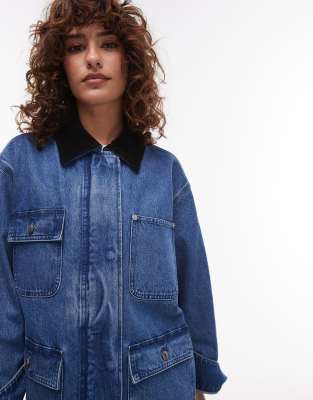 Arket Denim Oversized Workwear Barn Jacket With Flap Pockets And Contrast Collar-blue