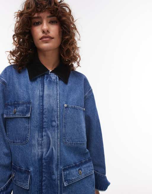 ARKET denim oversized workwear barn jacket with flap pockets and contrast collar