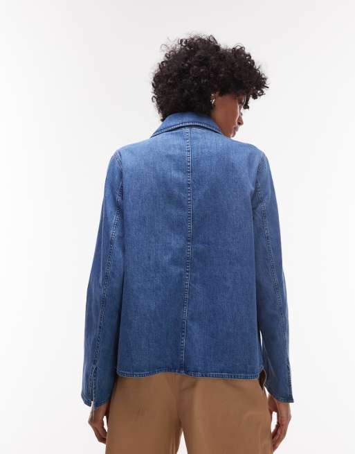 ARKET denim shacket with tie front detail in mid wash blue, 4 of 4