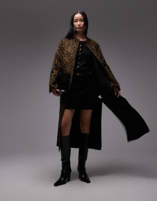 ARKET double wool blend collarless maxi coat in leopard print