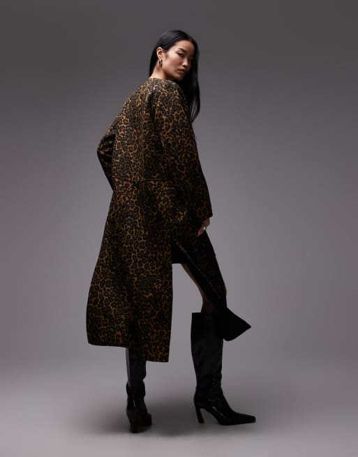ARKET double wool blend collarless maxi coat in leopard print, 3 of 4