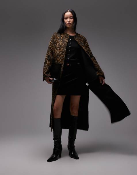 ARKET double wool collarless maxi coat in leopard print - view 1