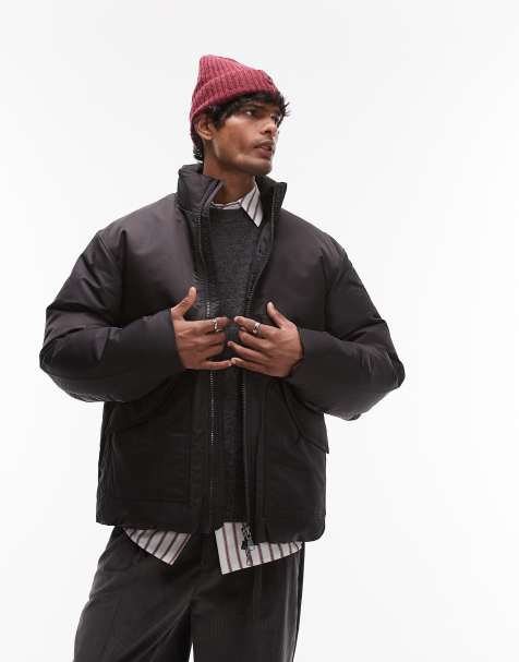ARKET down clean padding jacket with zip front and front flap pockets in black - view 1