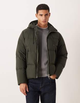 down filled puffer jacket with hood in khaki green