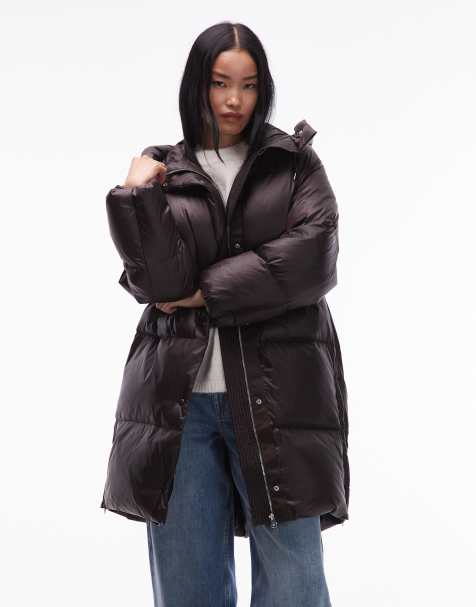 ARKET down longline hooded puffer jacket in dark brown - view 1