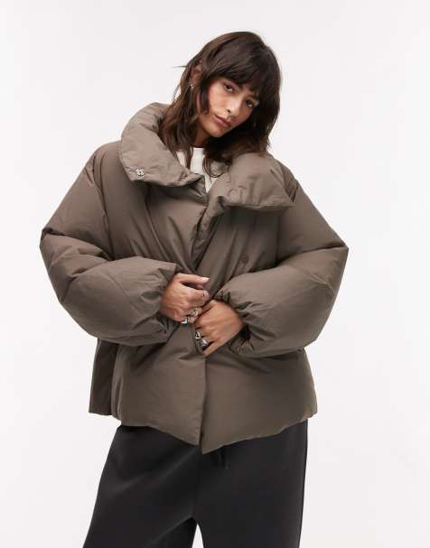 ARKET down puffer coat with clean padding in dark beige - view 1