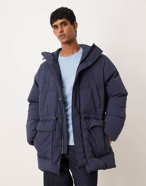 ARKET down puffer coat with full hood and flap pockets in blue - view 1