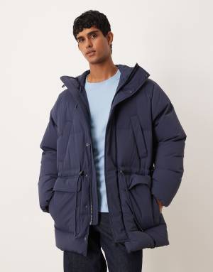 ARKET down puffer coat with full hood and flap pockets in blue