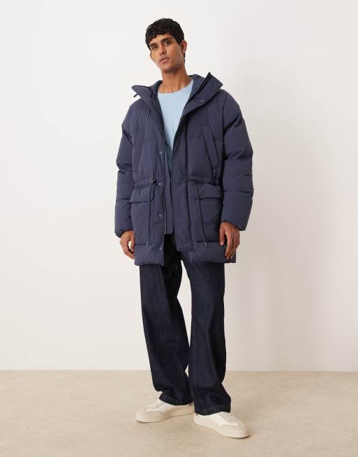 ARKET down puffer coat with full hood and flap pockets in blue, 2 of 5