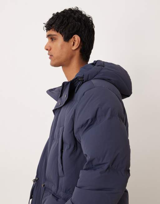 ARKET down puffer coat with full hood and flap pockets in blue, 4 of 5