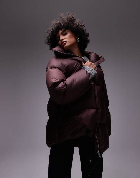 ARKET down puffer long line jacket in burgundy - view 1