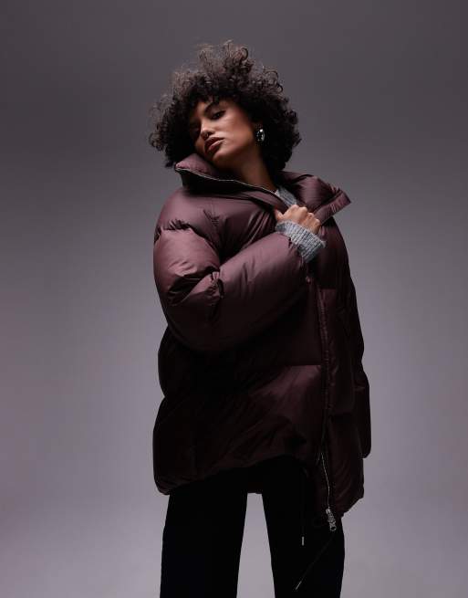 Arket Down Puffer Long Line Jacket in Burgundy Black