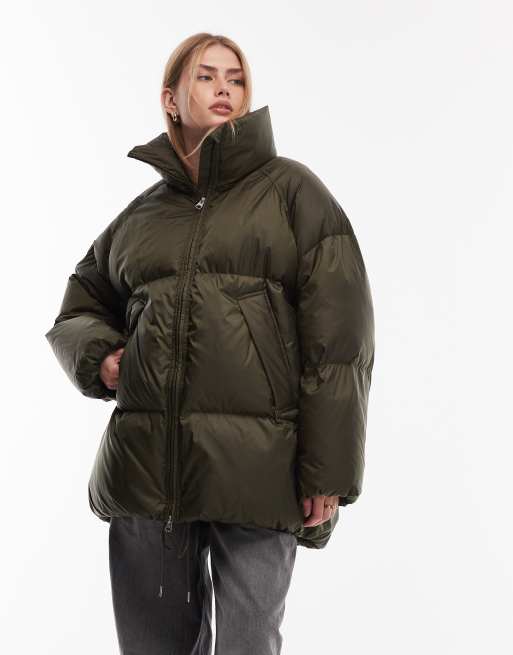 ARKET down puffer long line jacket in dark green
