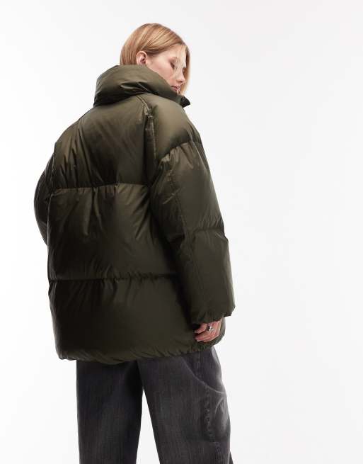 ARKET down puffer long line jacket in olive green, 3 of 4