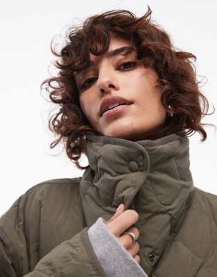 Arket Down Quilted Oversized Midaxi Coat With High Neck And Slit Sides In Green