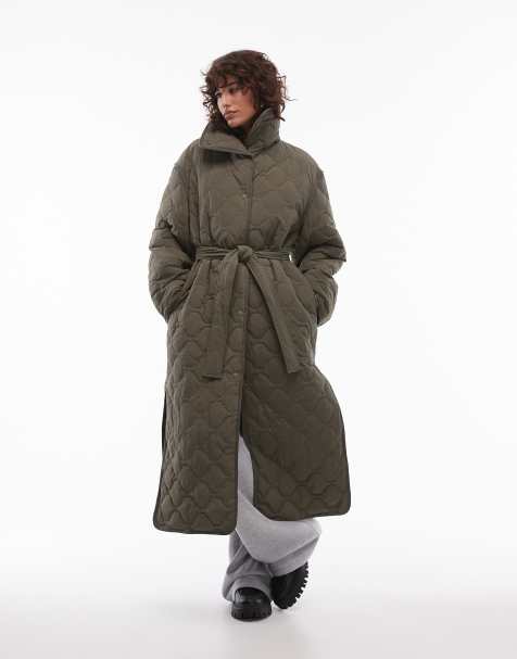 ARKET down quilted oversized midaxi coat with high neck and split sides in khaki - view 1