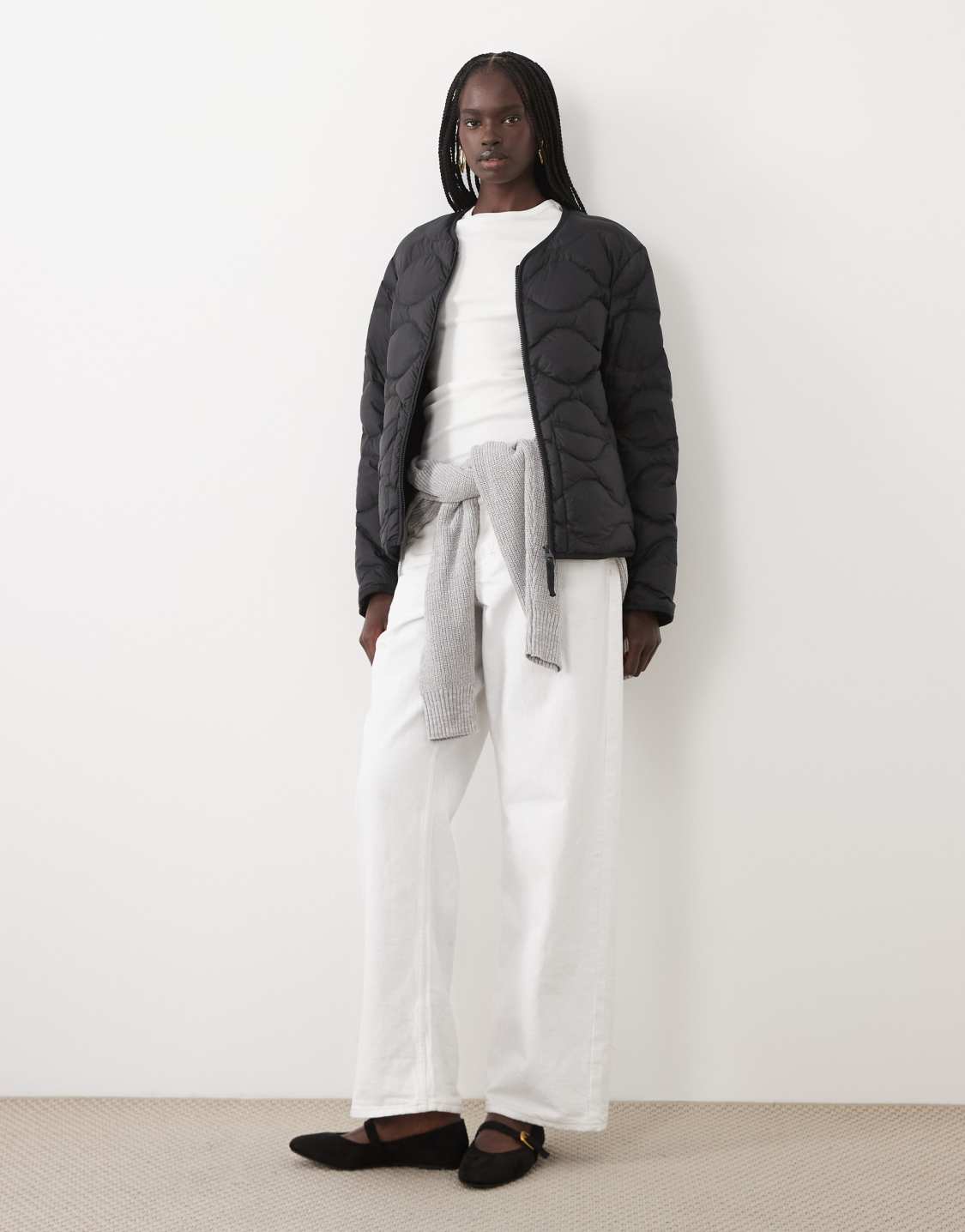 ARKET down short quilted jacket with zip front in black 2