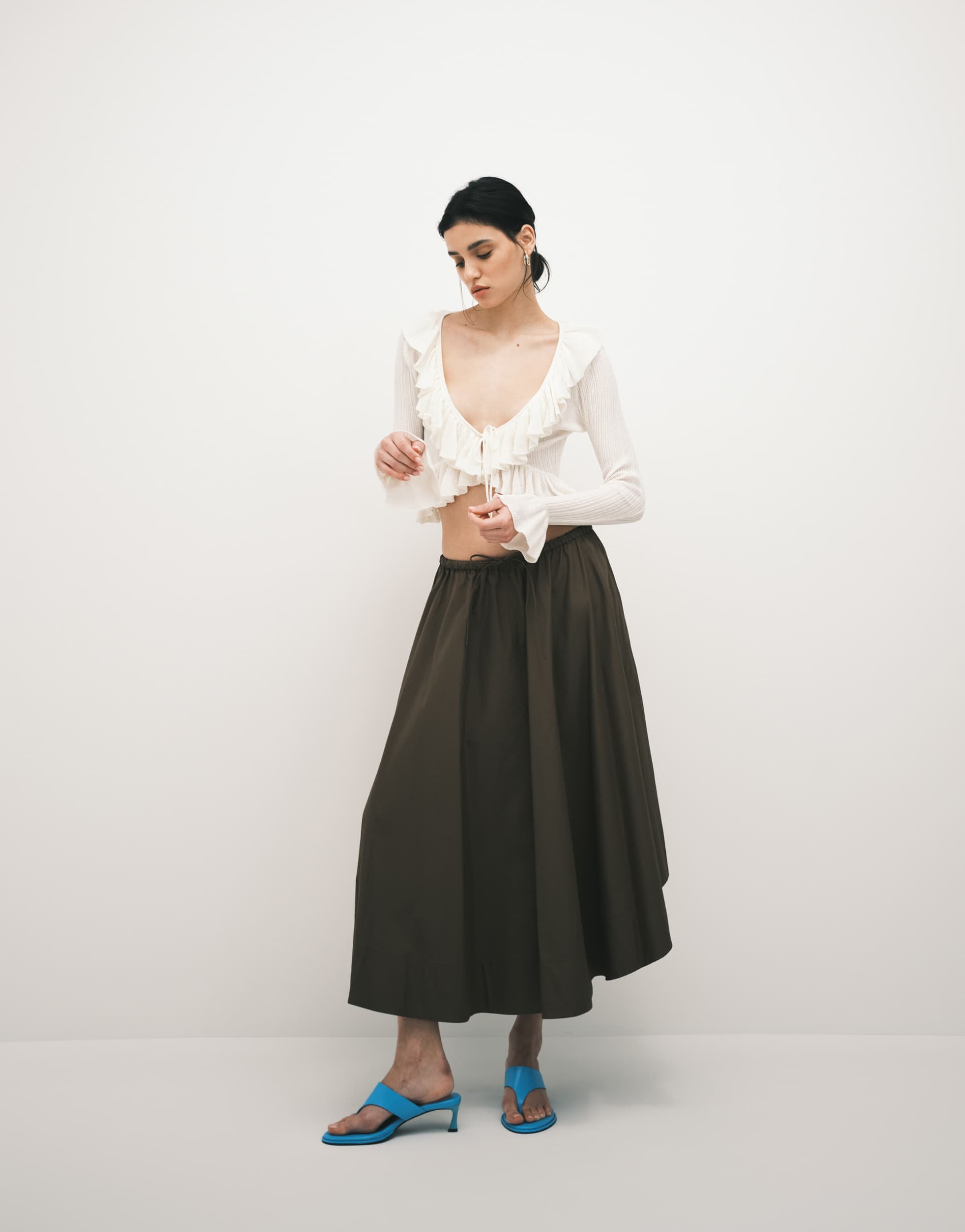 arket drawstring cotton skirt with dipped hem in brown