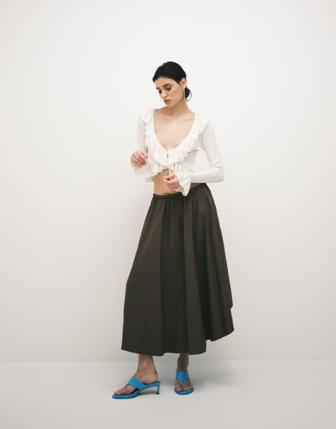 ARKET drawstring cotton skirt with dipped hem in brown