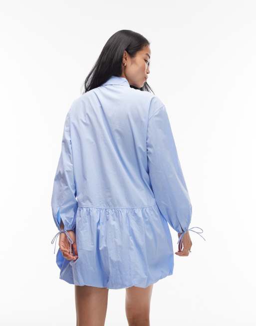 ARKET dropped hem bubble shirt dress in light blue | ASOS