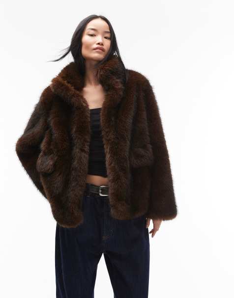 ARKET faux fur jacket with front pockets in brown - view 1