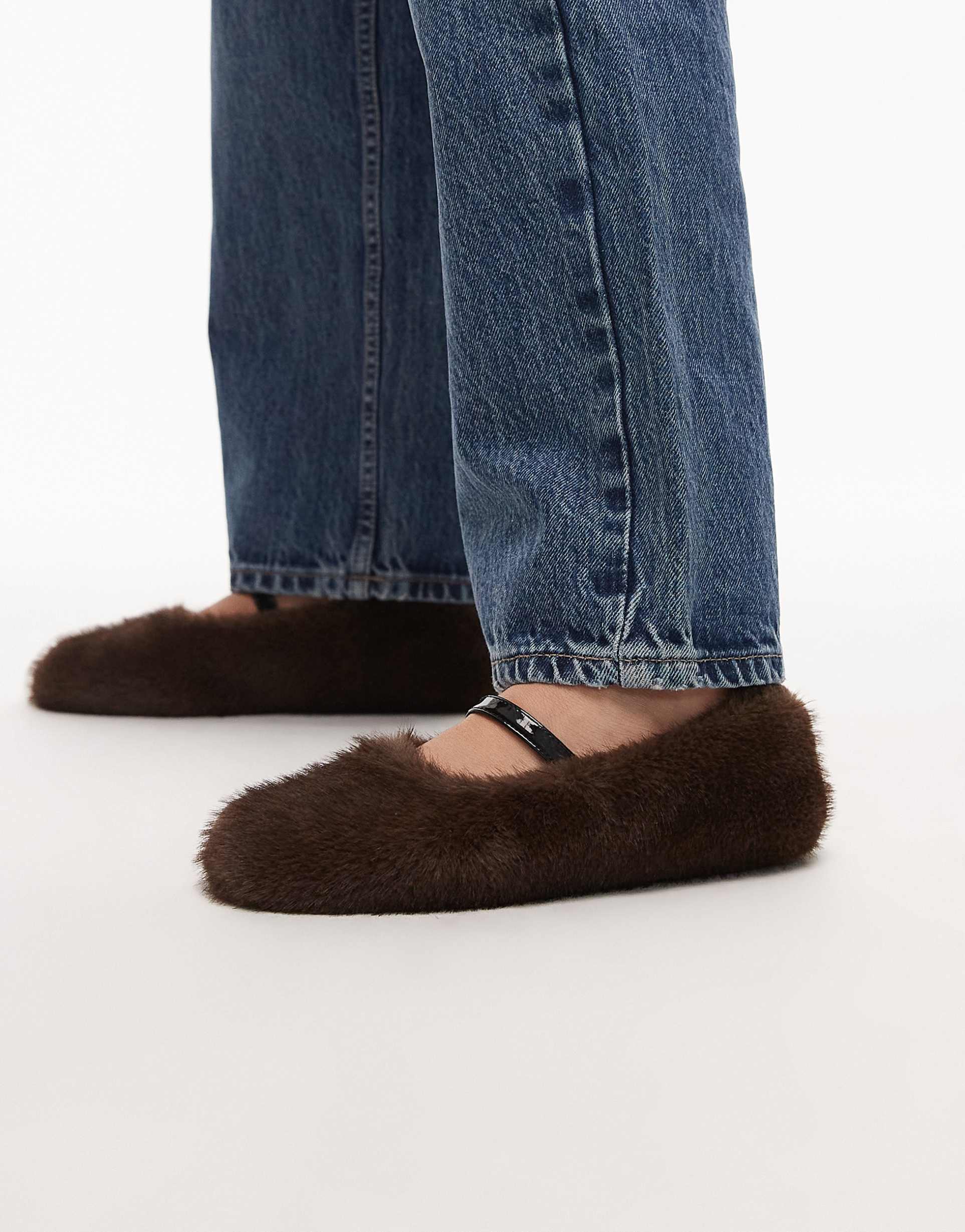 arket faux fur mary jane ballet flats in dark brown